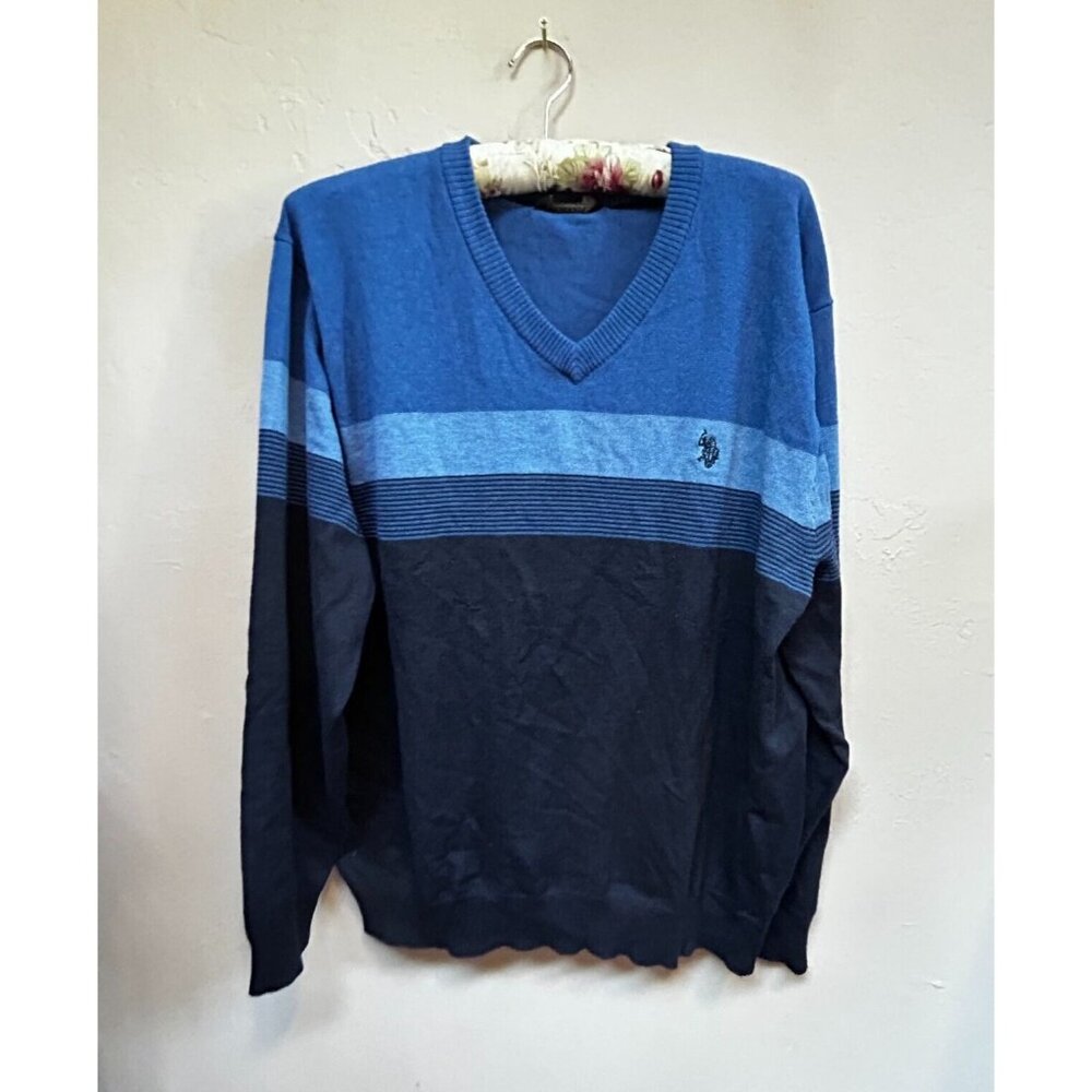 US Polo Assn. Mens Pullover Sweater XL V-Neck Knit Colorblock Navy Blue New $60